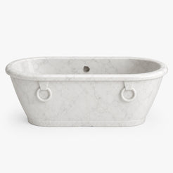 Valenne Italian Carrara White Marble rolled-rim bathtub, studio front-view visualization