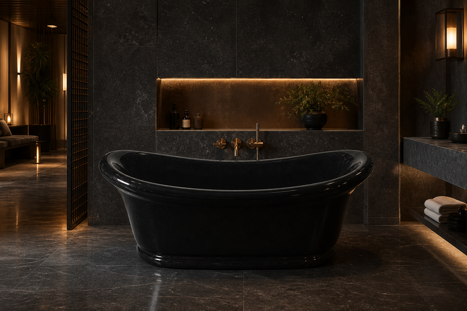 Vallora polished black granite bathtub in a boutique hotel spa, styled visualization