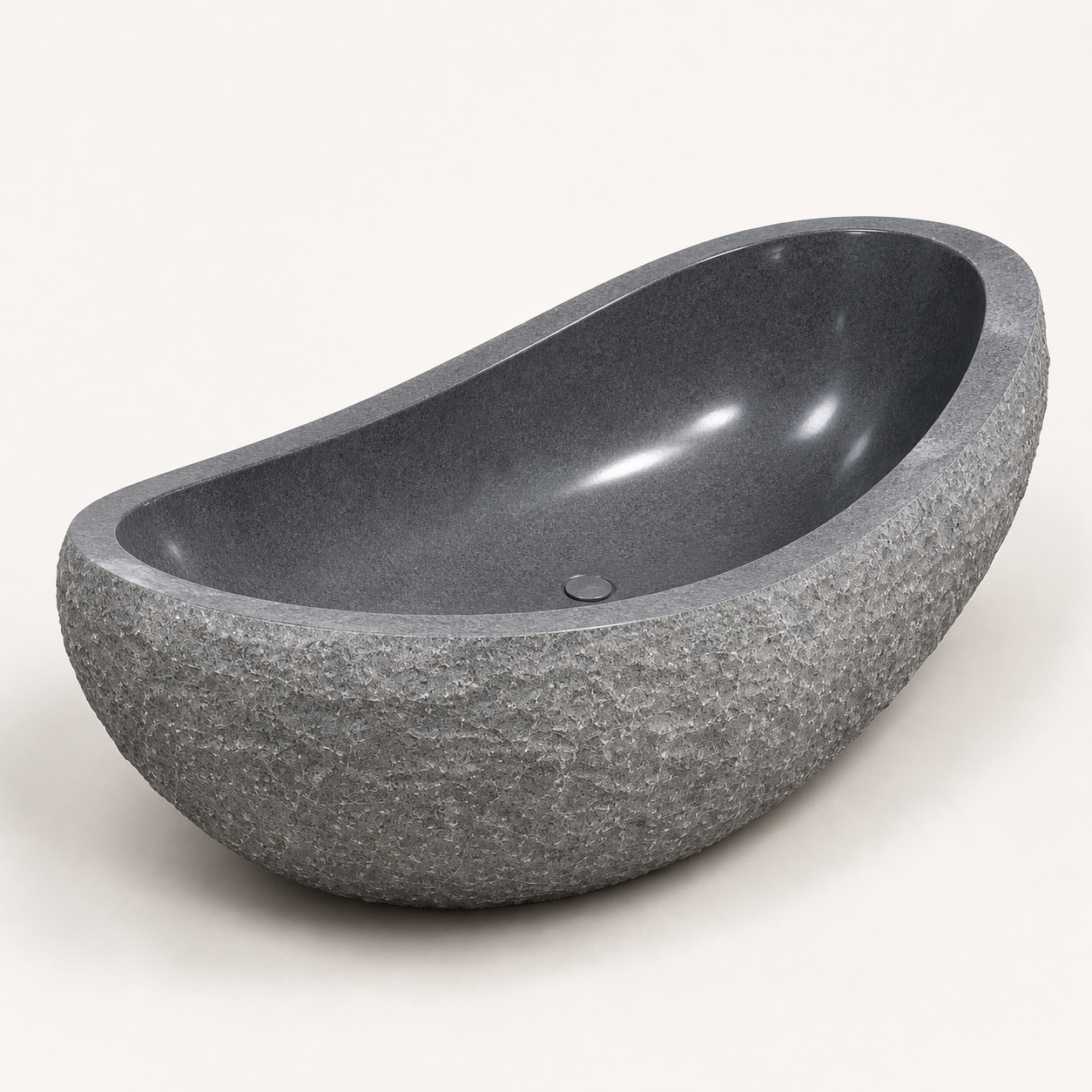 Veyra G654 Gray Granite bathtub, elevated view of the polished interior and asymmetrical rim