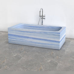 Virelle Azura Blue Quartzite rectangular soaking bathtub, exact-source three-quarter view with enlarged full-frame product composition