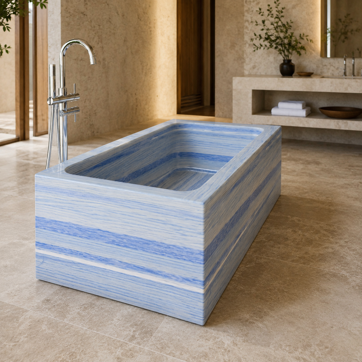 Virelle Azura Blue Quartzite rectangular freestanding soaking bathtub viewed from the opposite short end in a quiet luxury bathroom, styled visualization