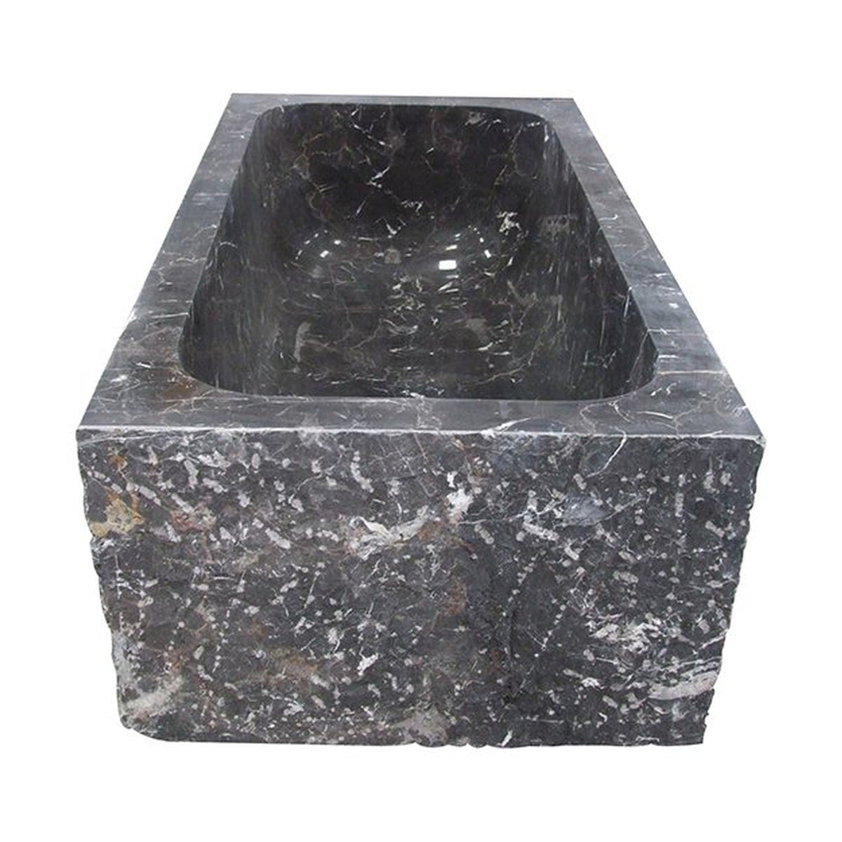 Virelle Dark Emperador Marble rectangular bathtub, studio front-view visualization