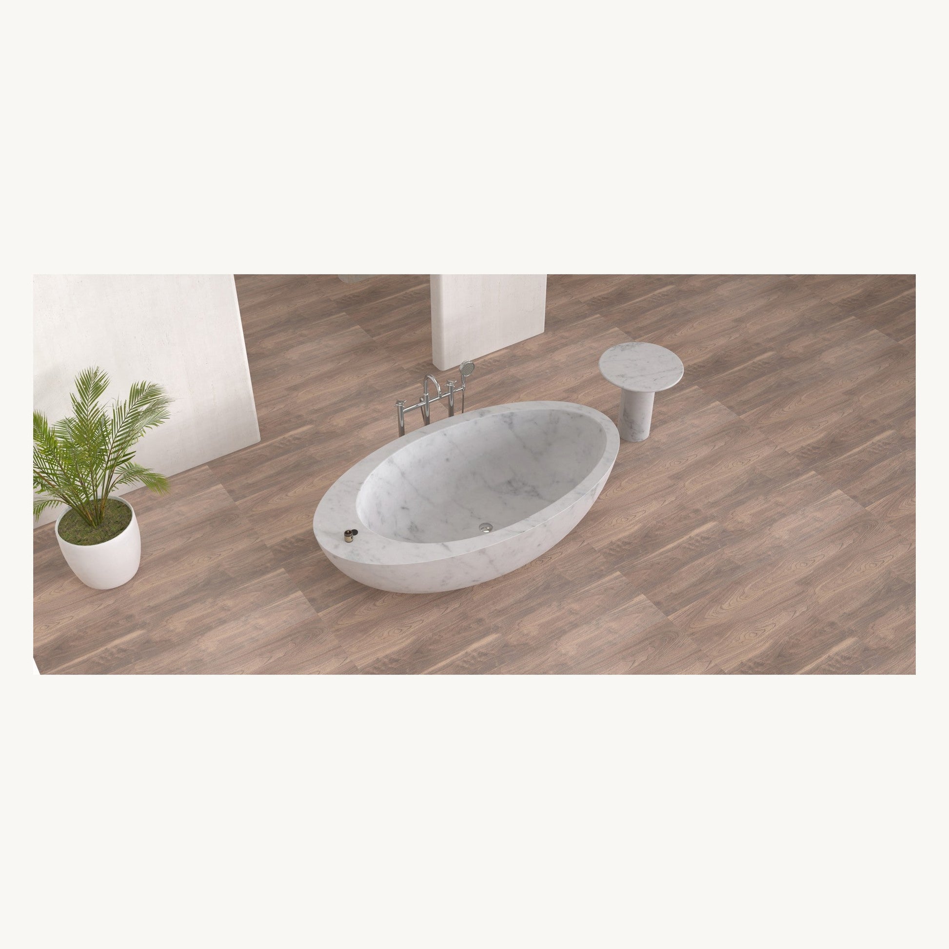 Yaris Carrara White Marble soaking bathtub, overhead view
