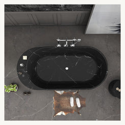 Yetta Portoro Black Marble bathtub, top view showing oval interior and extended rim