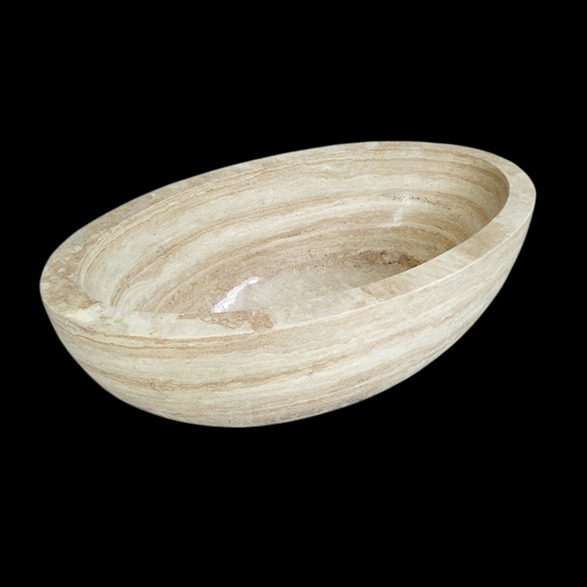 Real product perspective view of the YOYO Cream Travertine freestanding soaking bathtub
