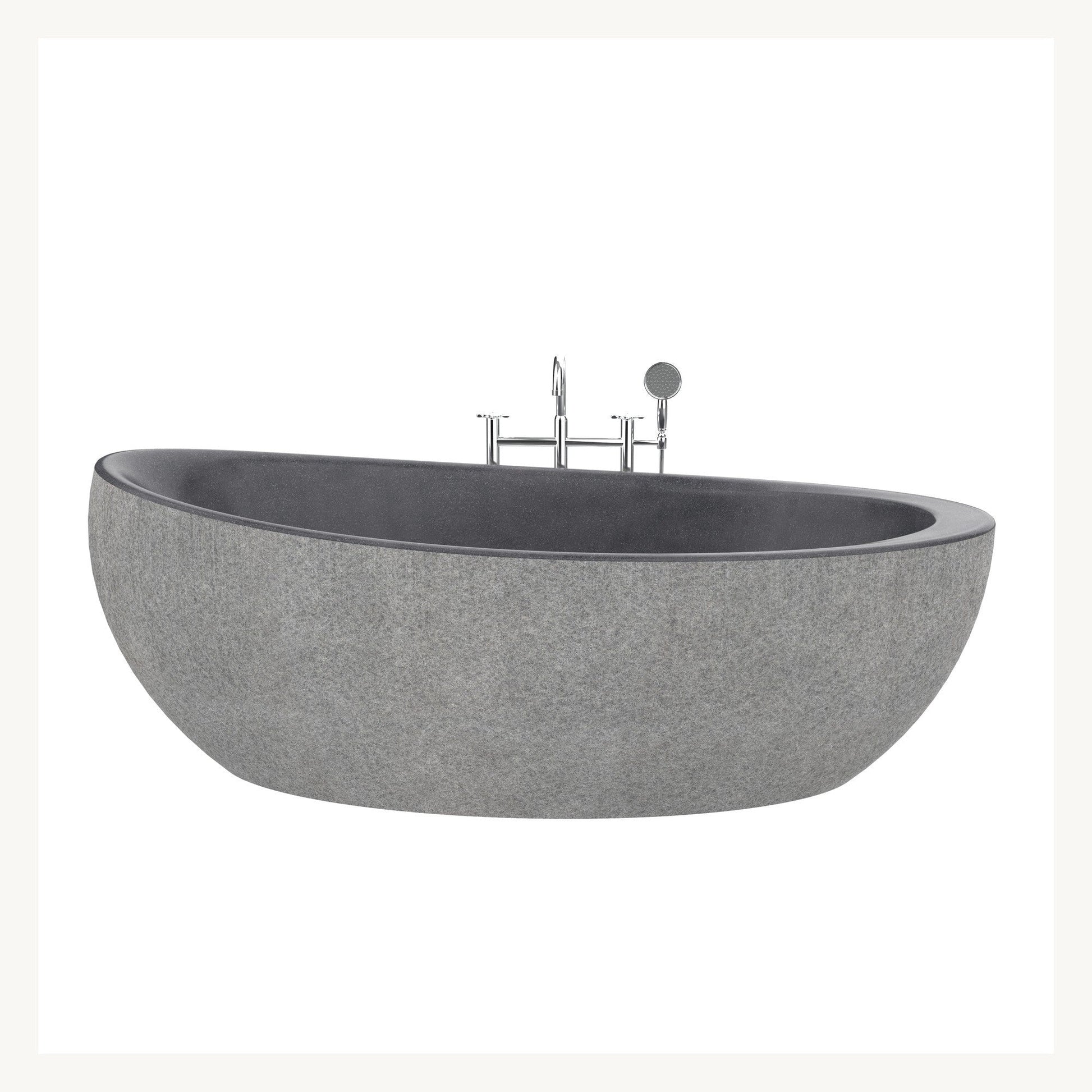 Yuka Absolute Black Granite soaking bathtub, centered front studio visualization
