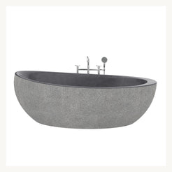 Yuka Absolute Black Granite soaking bathtub, centered front studio visualization