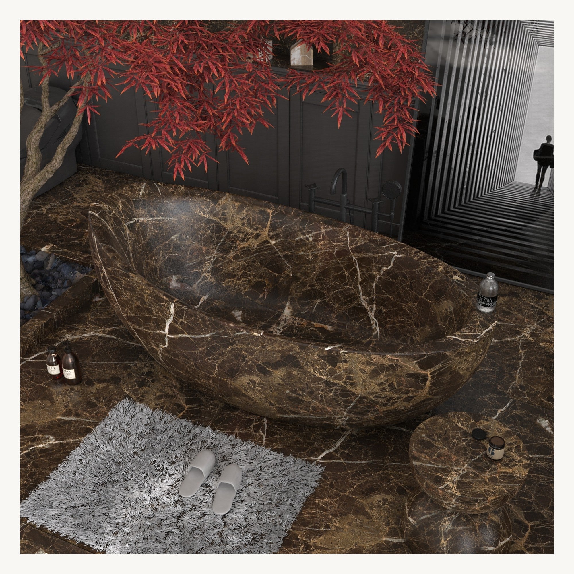 Yuka Dark Emperador Marble freestanding bathtub, opposite-angle styled visualization