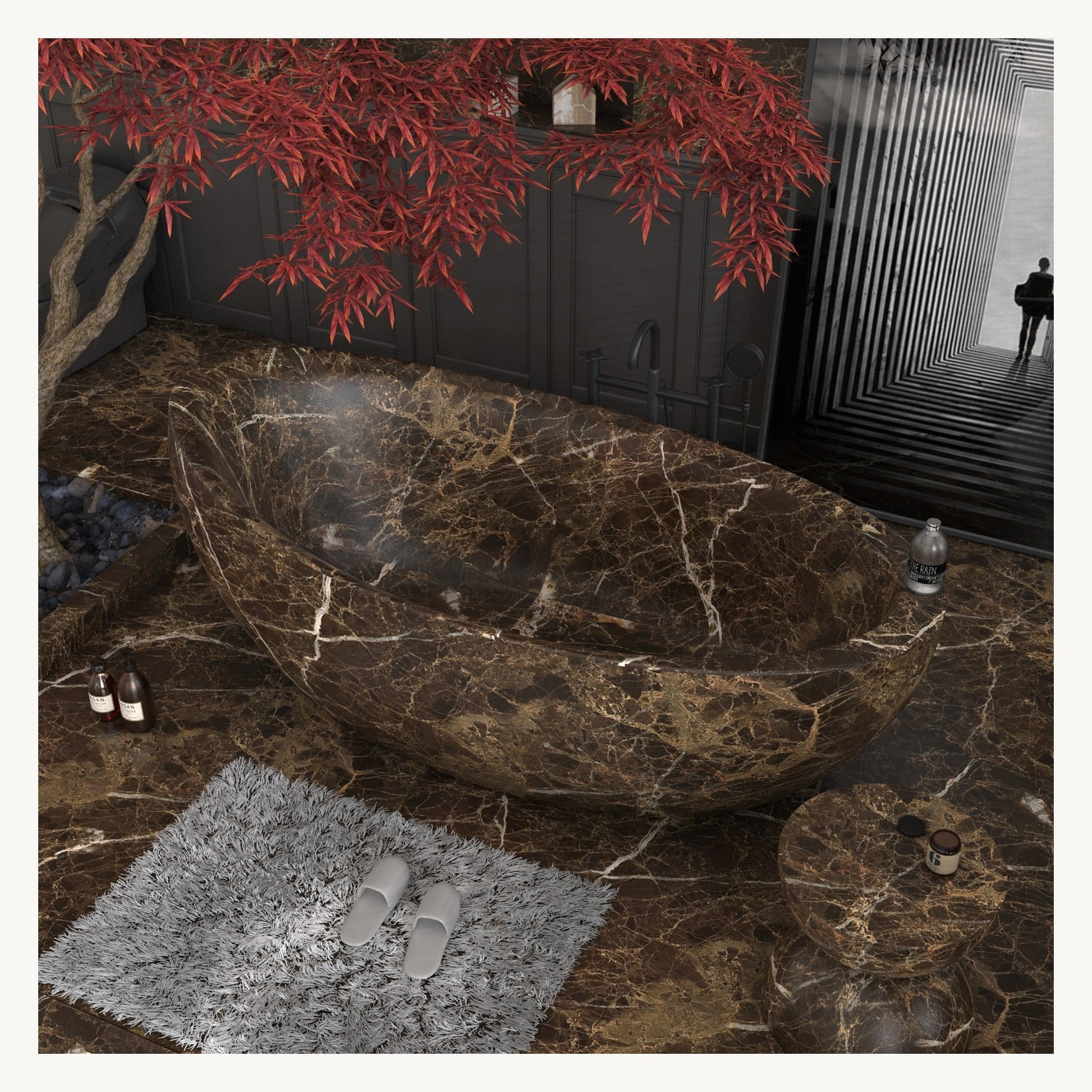 Yuka freestanding Dark Emperador Marble bathtub, opposite angled view