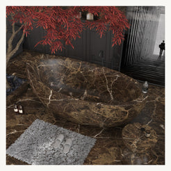 Yuka freestanding Dark Emperador Marble bathtub, opposite angled view
