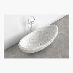 Yuna BT-032A alba-white-terrazzo freestanding soaking bathtub, contextual top and interior view