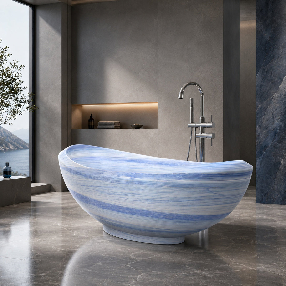 Yuna Azura Blue Quartzite bathtub in a contemporary gray-blue stone bathroom, styled visualization