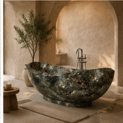 Yuna Celestia Blue Quartzite bathtub in a quiet boutique-hotel courtyard bathroom, styled visualization