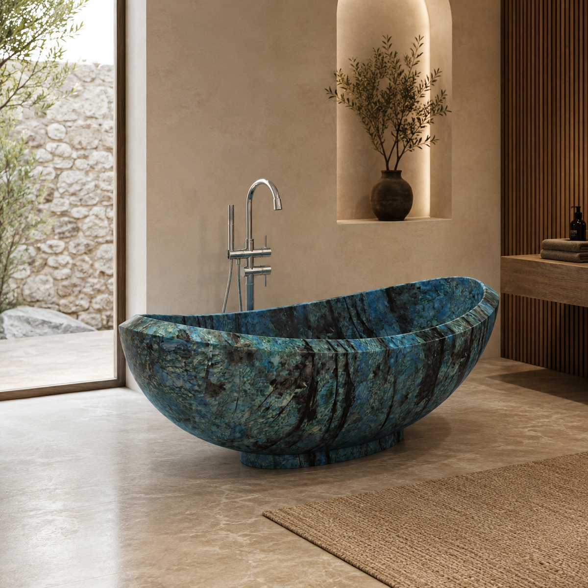 Yuna Danube Blue Quartzite freestanding bathtub in a quiet warm boutique spa bathroom, styled visualization