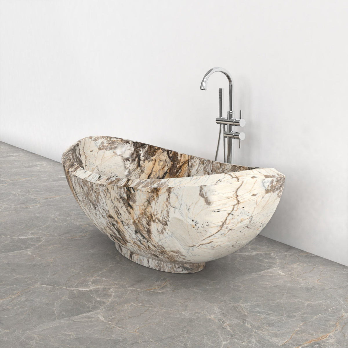 Yuna Pandora Blanc Quartzite freestanding soaking bathtub, exact-source studio three-quarter view
