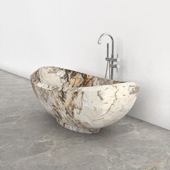Yuna Pandora Blanc Quartzite freestanding soaking bathtub, exact-source studio three-quarter view