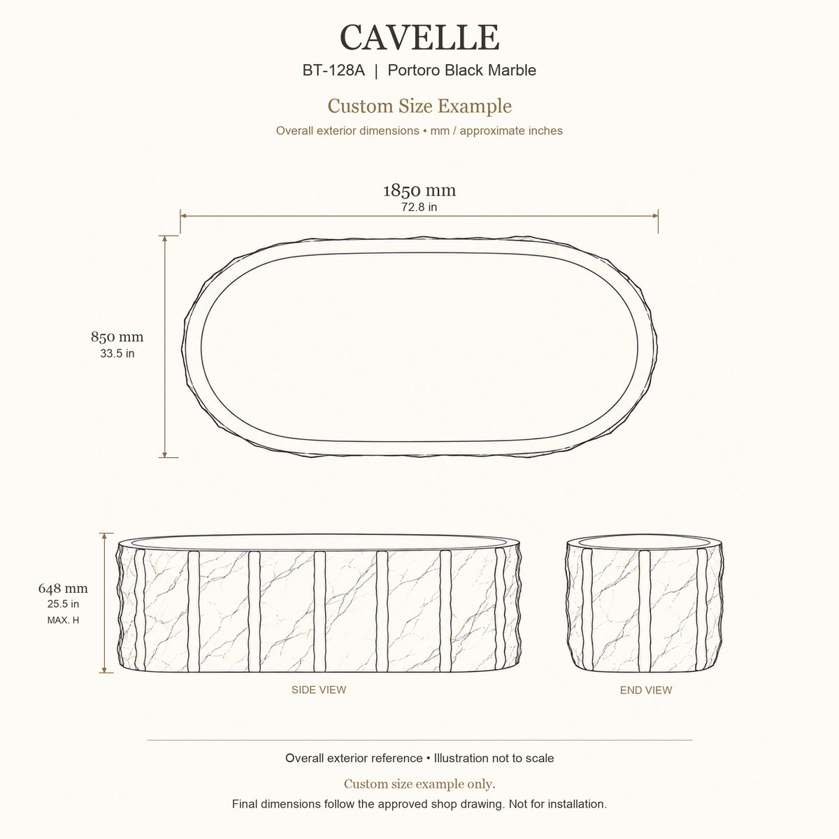 Cavelle BT-128A Portoro Black Marble bathtub custom size example: 1850 × 850 × 648 mm (L × W × maximum overall H). Final dimensions follow the approved shop drawing; not for installation.