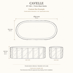 Cavelle BT-128A Portoro Black Marble bathtub custom size example: 1850 × 850 × 648 mm (L × W × maximum overall H). Final dimensions follow the approved shop drawing; not for installation.