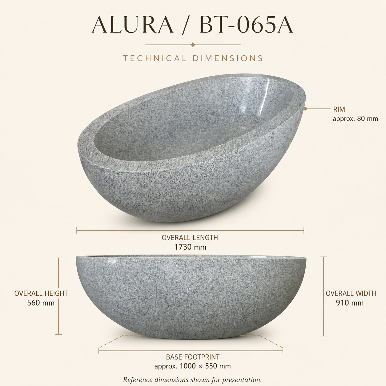 Alura BT-065A Alpine Silver Granite freestanding soaking bathtub reference dimensions, 1730 × 910 × 560 mm