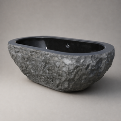 Arden freestanding Natural Black Granite bathtub with rough-chiseled exterior, studio angle