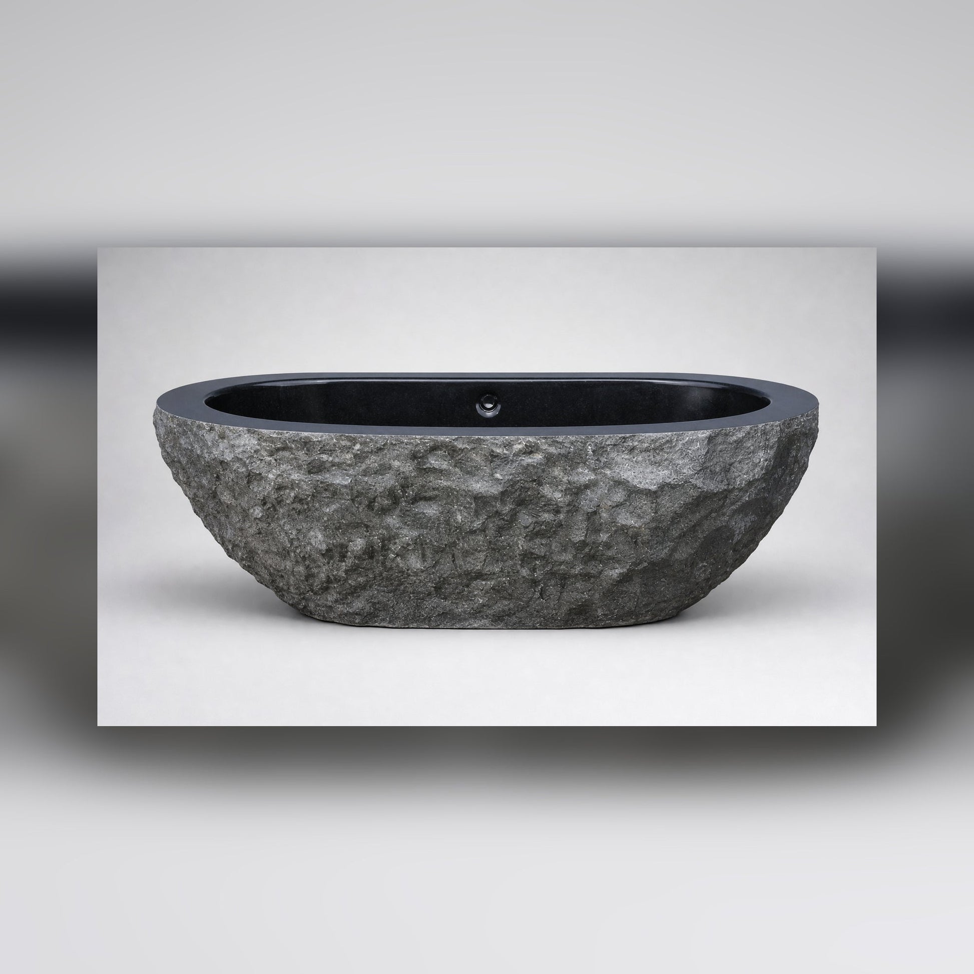 Arden Natural-Face Black Granite bathtub, full side-profile studio visualization