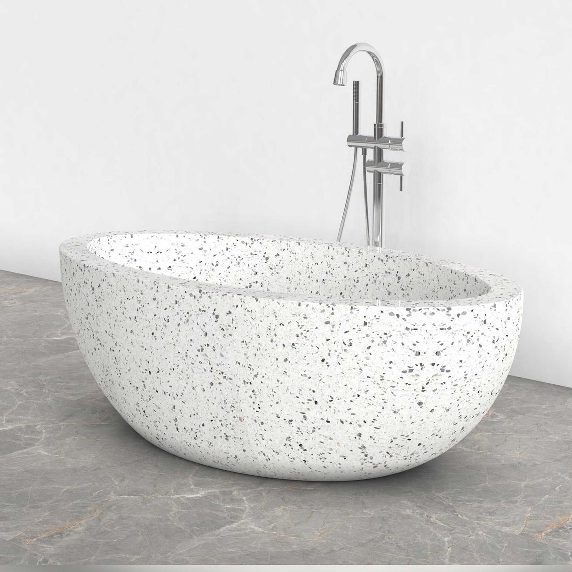 Aveline Alba White Terrazzo freestanding soaking bathtub, full-frame side three-quarter view
