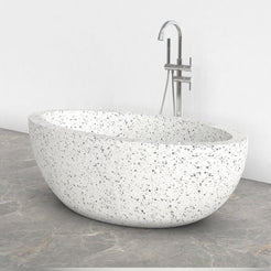 Aveline Alba White Terrazzo freestanding soaking bathtub, full-frame side three-quarter view