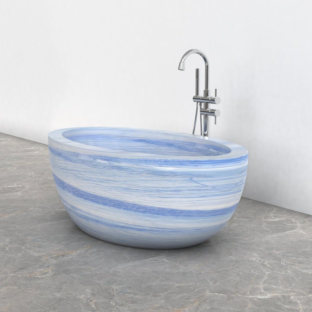 Aveline Azura Blue Quartzite freestanding soaking bathtub, full-frame side three-quarter view
