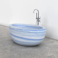 Aveline Azura Blue Quartzite freestanding soaking bathtub, full-frame side three-quarter view