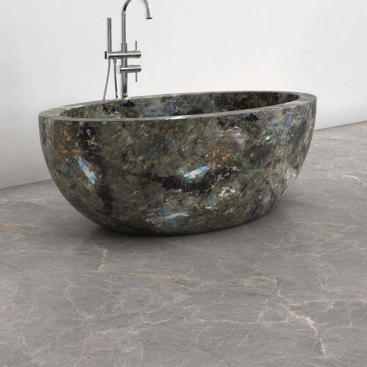 Aveline Celestia Blue Quartzite freestanding soaking bathtub, full-frame side three-quarter view