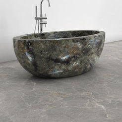 Aveline Celestia Blue Quartzite freestanding soaking bathtub, full-frame side three-quarter view