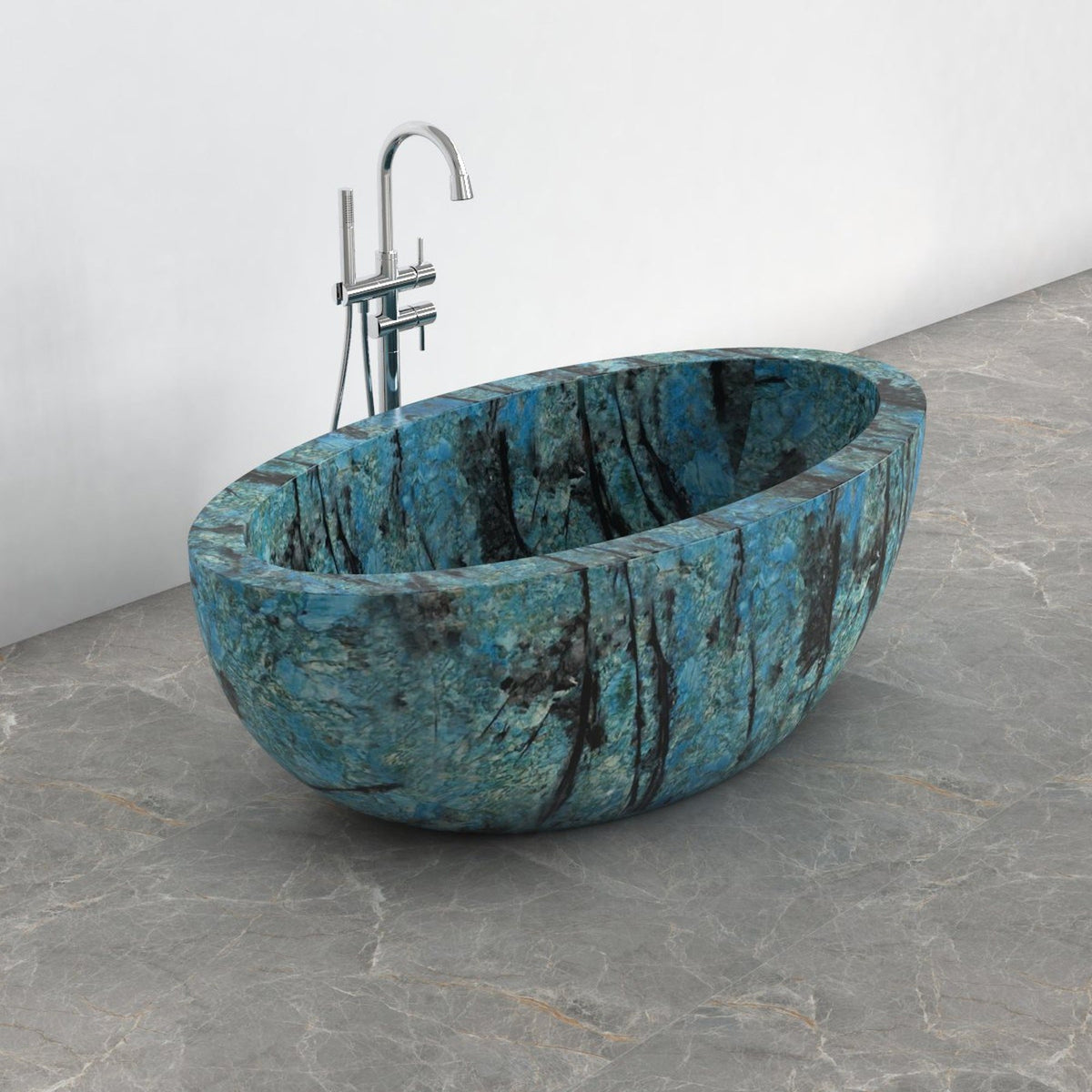 Aveline Danube Blue Quartzite freestanding soaking bathtub, full-frame side three-quarter view