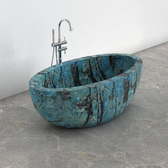Aveline Danube Blue Quartzite freestanding soaking bathtub, full-frame side three-quarter view