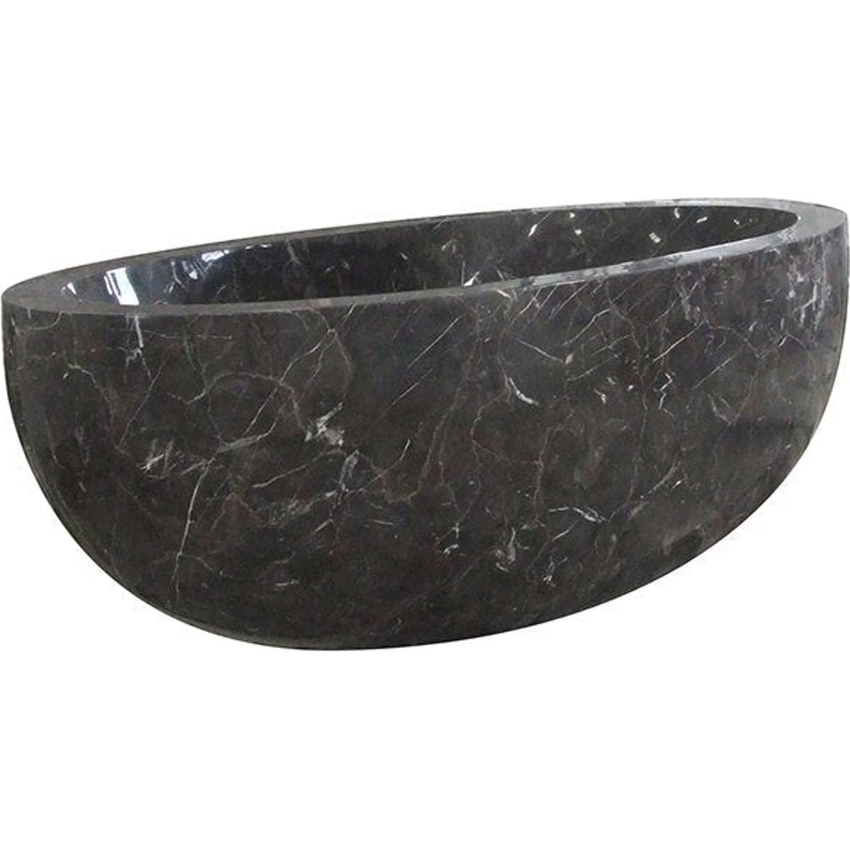 Aveline oval freestanding Dark Emperador Marble soaking bathtub, full-frame side-angle view