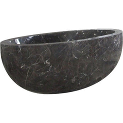 Aveline oval freestanding Dark Emperador Marble soaking bathtub, full-frame side-angle view