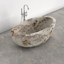 Aveline Pandora Blanc Quartzite freestanding soaking bathtub, full-frame side three-quarter view