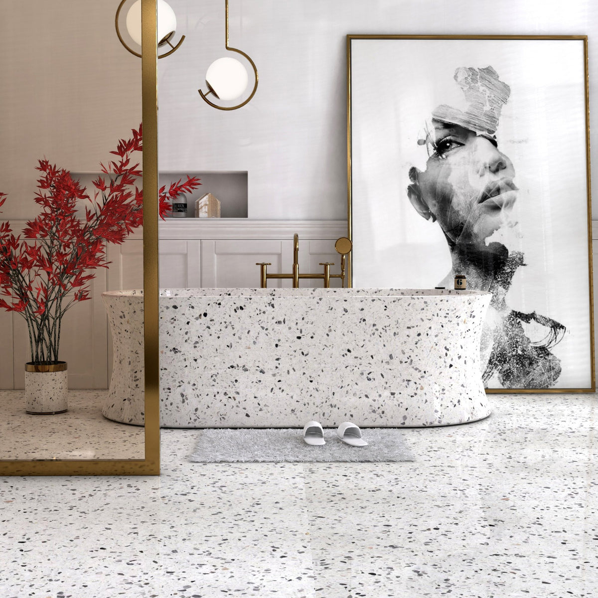 Avena BT-129A Alba White Terrazzo freestanding bathtub design rendering, side view