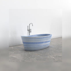 Calia Azura Blue Quartzite soaking bathtub, studio side-angle visualization