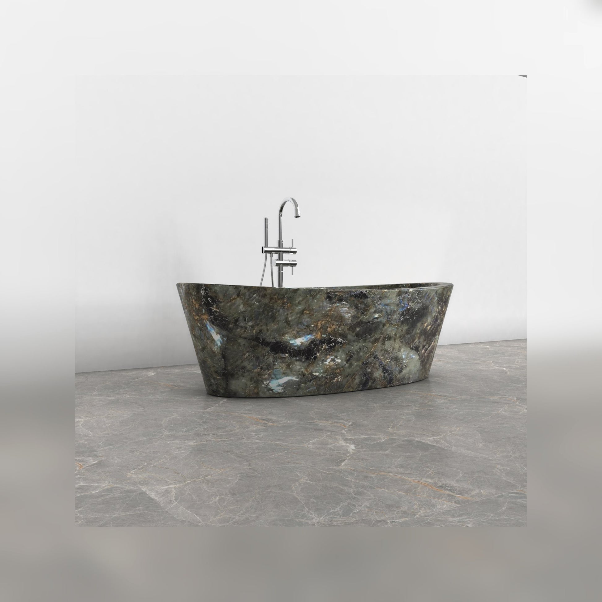 Calia Celestia Blue Quartzite soaking bathtub, studio side-angle visualization