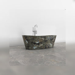 Calia Celestia Blue Quartzite soaking bathtub, studio side-angle visualization