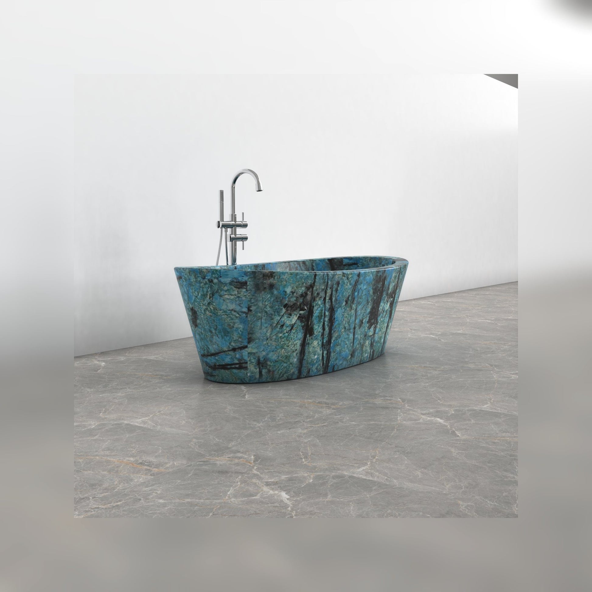 Calia Danube Blue Quartzite soaking bathtub, studio side-angle visualization