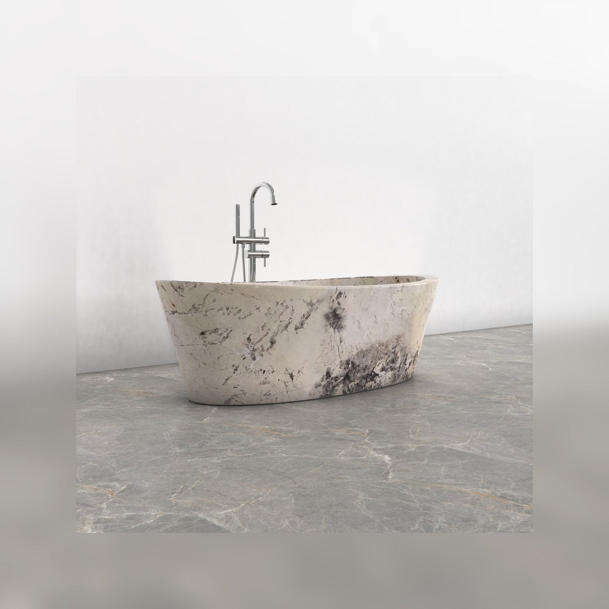 Calia Pandora Blanc Quartzite soaking bathtub, studio side-angle visualization