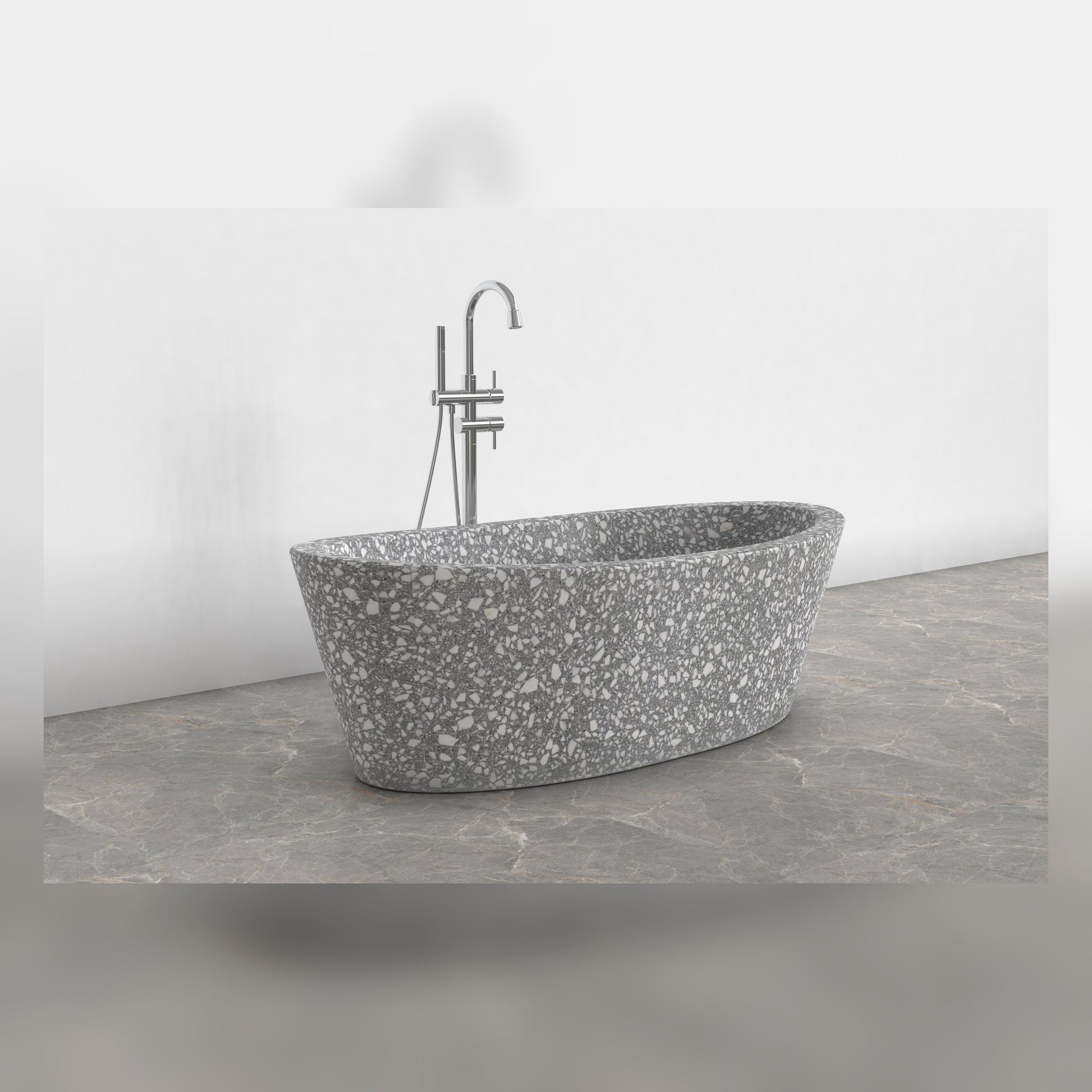Calia Silver Grey Terrazzo soaking bathtub, studio side-angle visualization