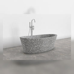 Calia Silver Grey Terrazzo soaking bathtub, studio side-angle visualization