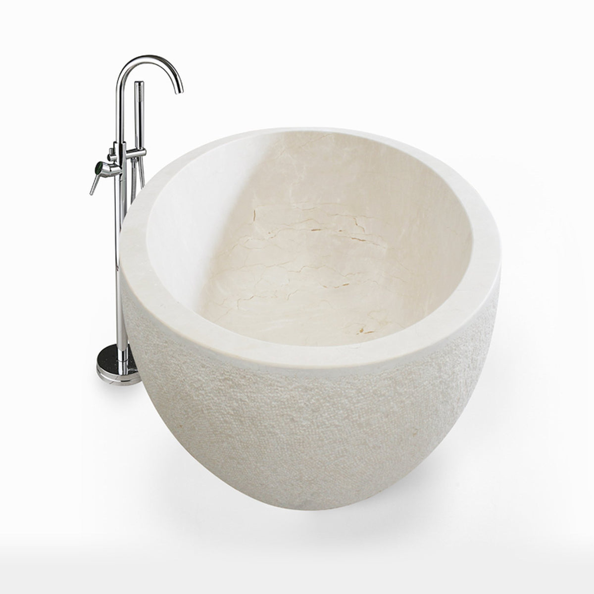 Evania Crema Marfil Extra Marble bathtub with hand-chiseled exterior, studio side-angle visualization