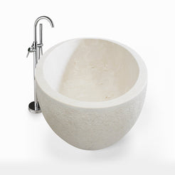 Evania Crema Marfil Extra Marble bathtub with hand-chiseled exterior, studio side-angle visualization