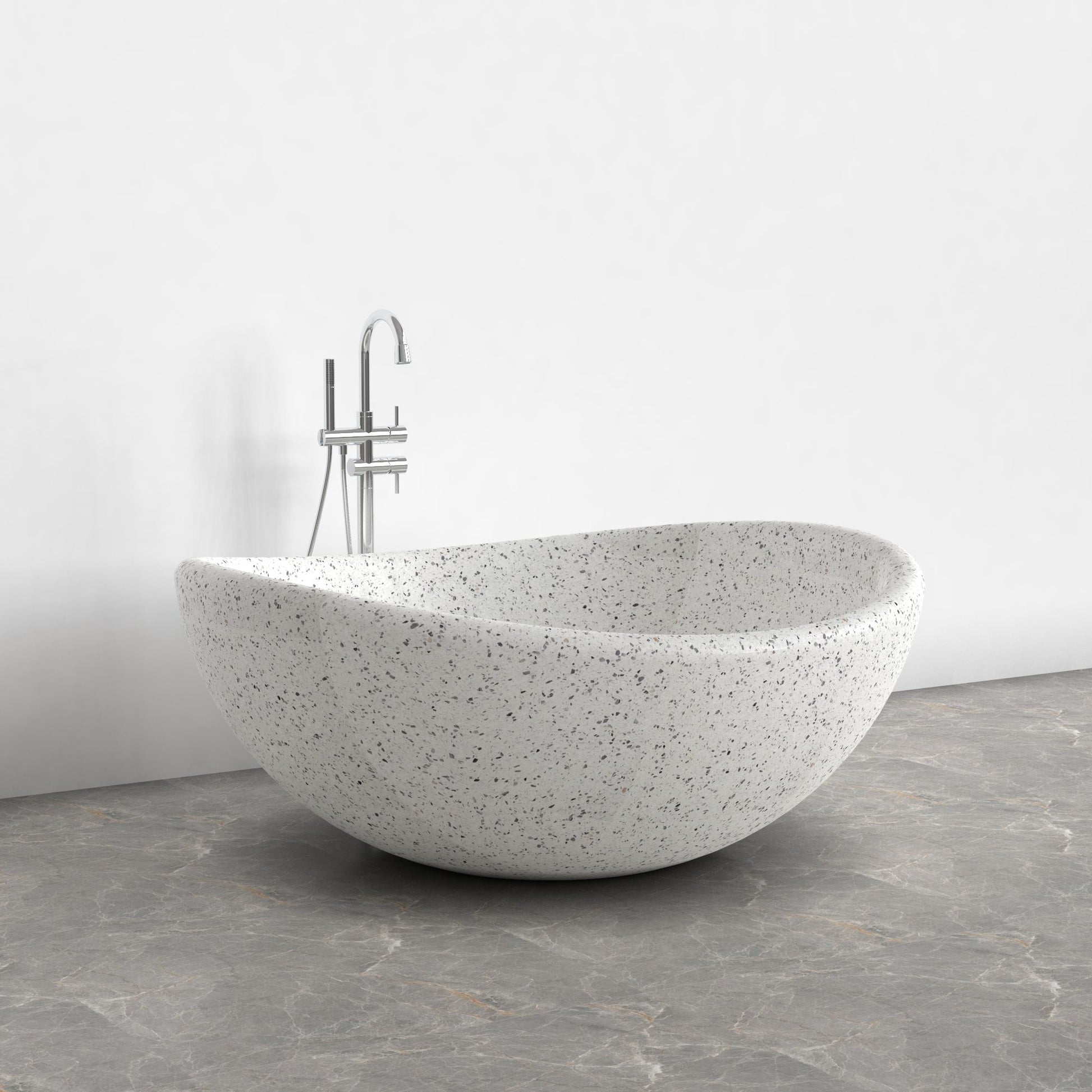 Lunara round freestanding Alba White Terrazzo soaking bathtub, side view