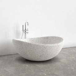 Lunara round freestanding Alba White Terrazzo soaking bathtub, side view