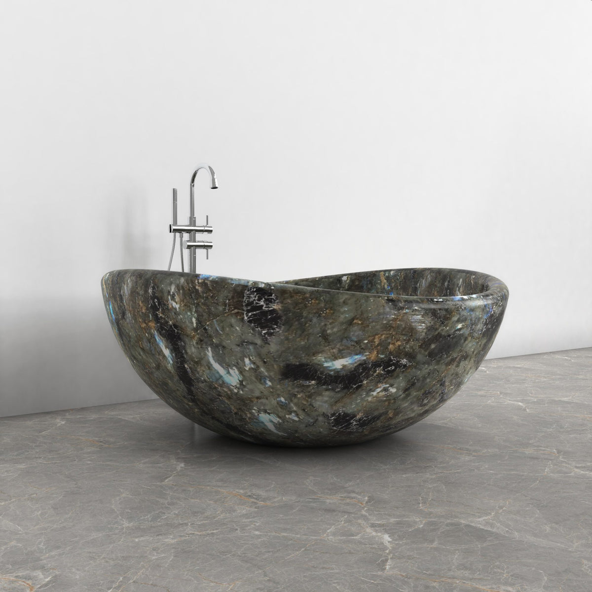 Lunara round freestanding Celestia Blue Quartzite soaking bathtub, side view