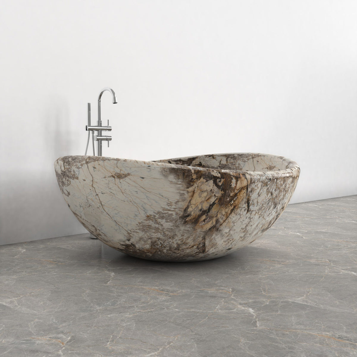 Lunara round freestanding Pandora Blanc Quartzite soaking bathtub, side view